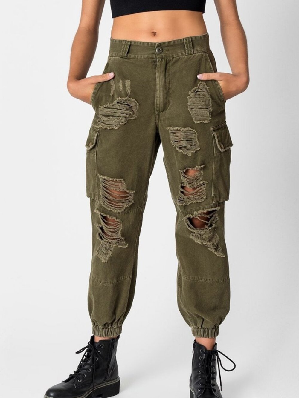 Carmar Los Angeles Olive Green Ripped Cargo Jogger Pants | Size 6